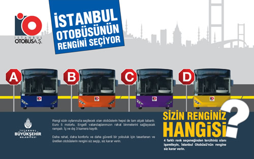 stanbul Bykehir Belediyesi toplu ulamda yeni bir projeyi hayat geiriyor. stanbul ulam iin alnacak yeni otobslerin rengini stanbul halk belirleyecek.